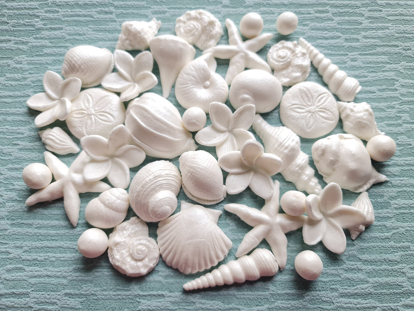 Edible Sugar Cake Topper (36 pcs.) Seashells, starfishes, plumeria flowers.No Extra Fees for US Buyers