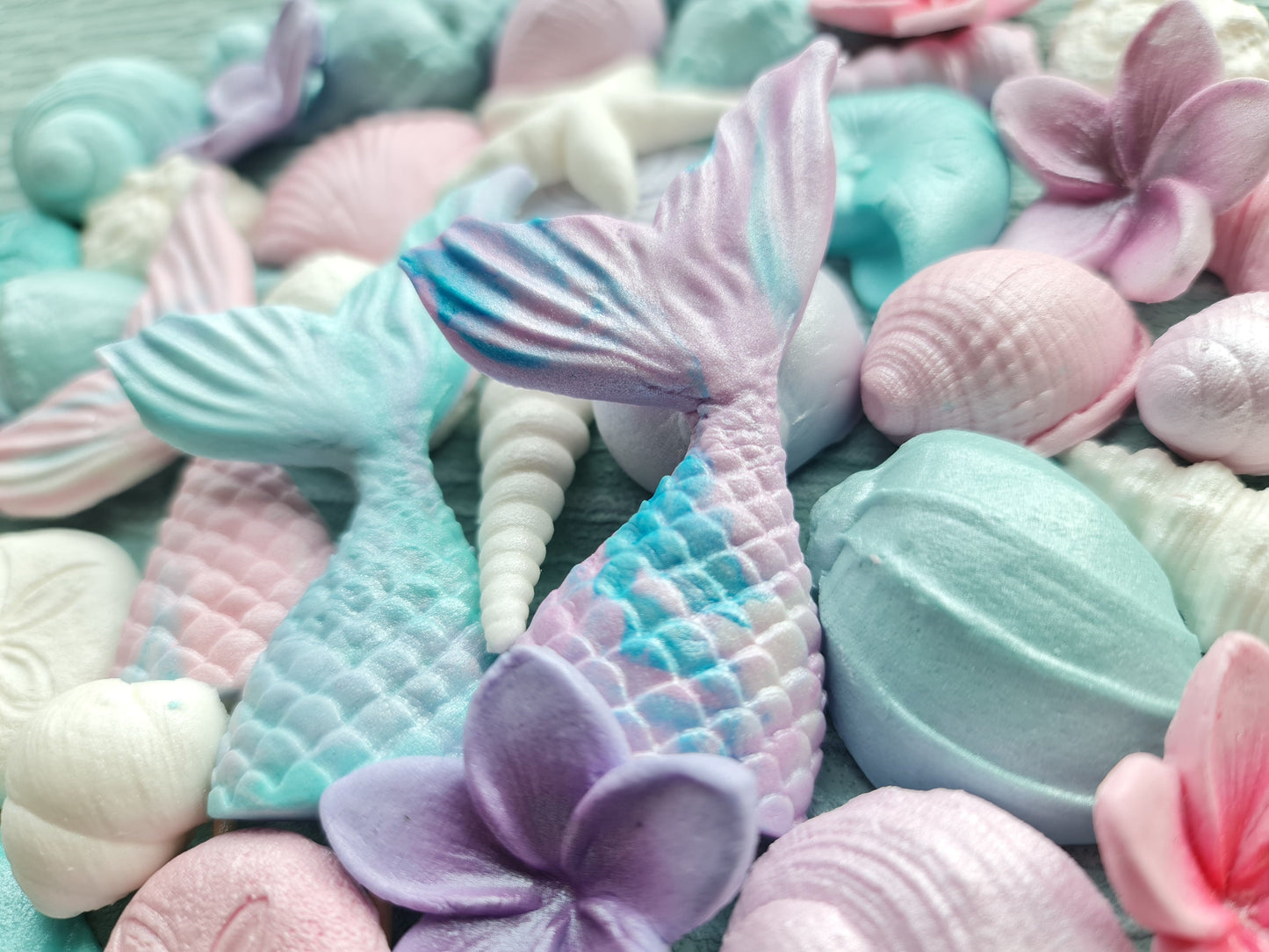 49pcs Sugar Fondant Cake Topper: Seashells, Mermaid Tail, Plumeria