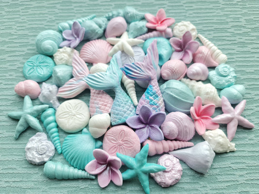 49pcs Sugar Fondant Cake Topper: Seashells, Mermaid Tail, Plumeria