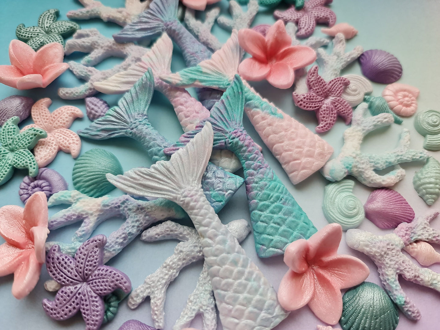 40 Edible Fondant Mermaid Cake Toppers: Shells, Tails, StarfishNo Extra Fees for US Buyers