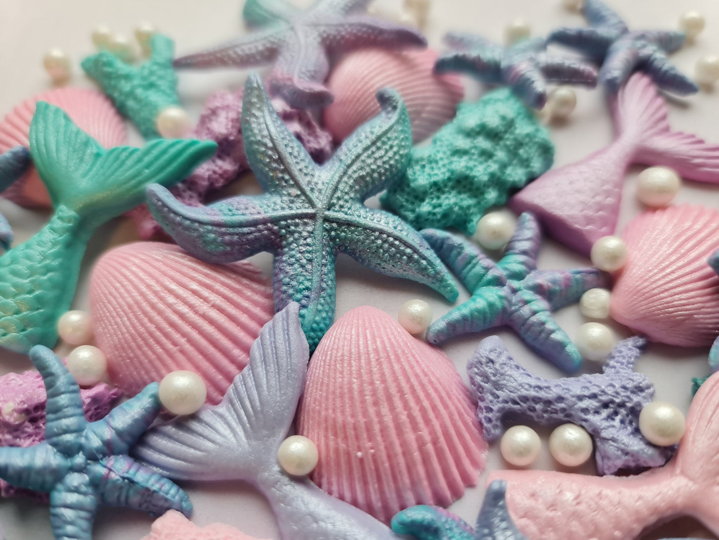 40pcs Mermaid Cake Topper: Fondant Fins, Starfish, ShellsNo Extra Fees for US Buyers