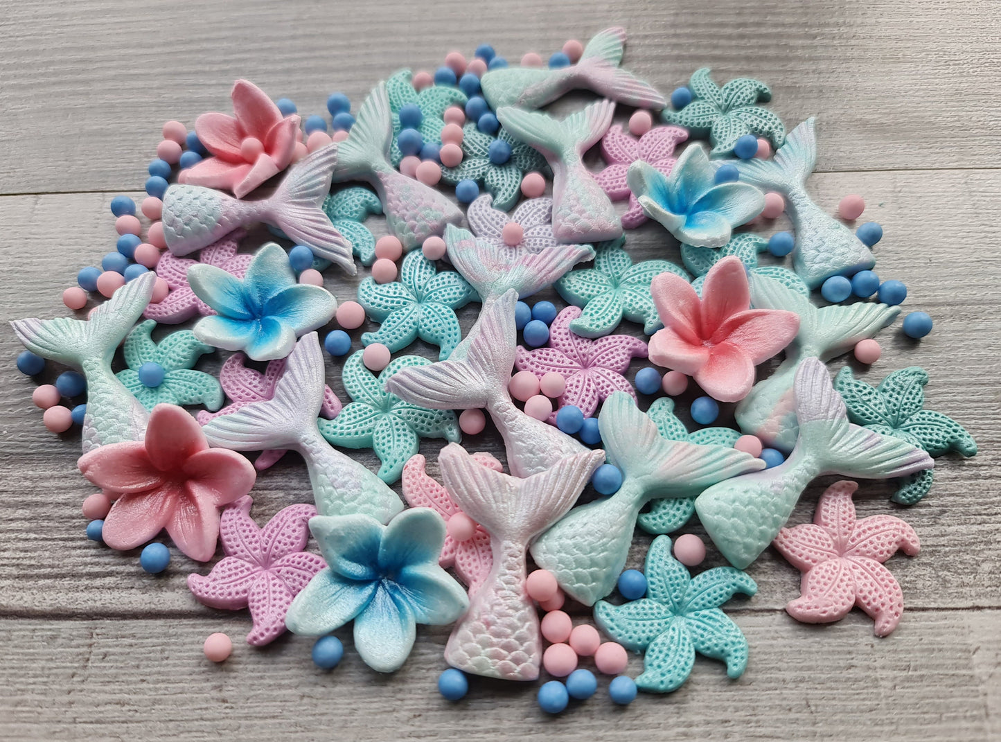 38pcs Mermaid Tail Cake Topper: Fondant Starfish, Plumeria, Pearls