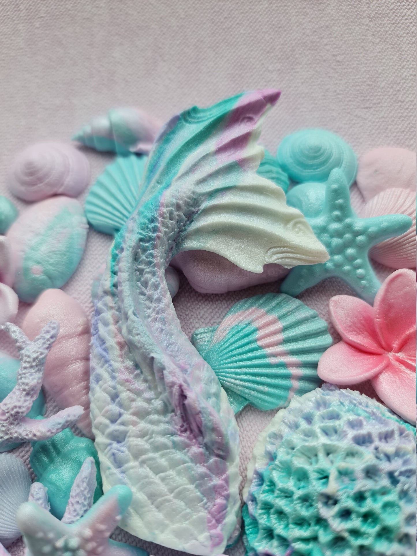 60 pcs. Sugar fondant shells, corals, mermaid tail, flowers cake topper decorationsNo Extra Fees for US Buyers