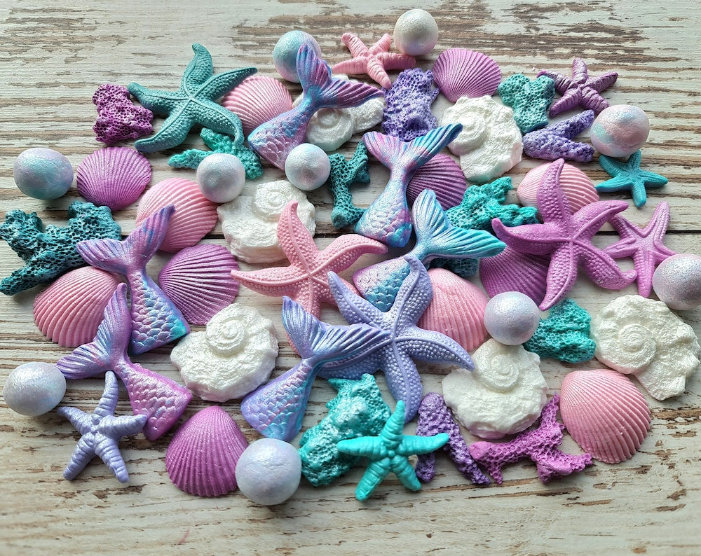 46 pcs. Sugar cake topper, clam shells, mermaid fin, mermaid tail, starfishes, pearls