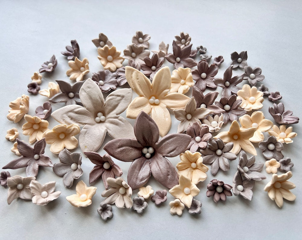 50 Edible Fondant Flowers: Cream, Ivory & Brown Cake Toppers