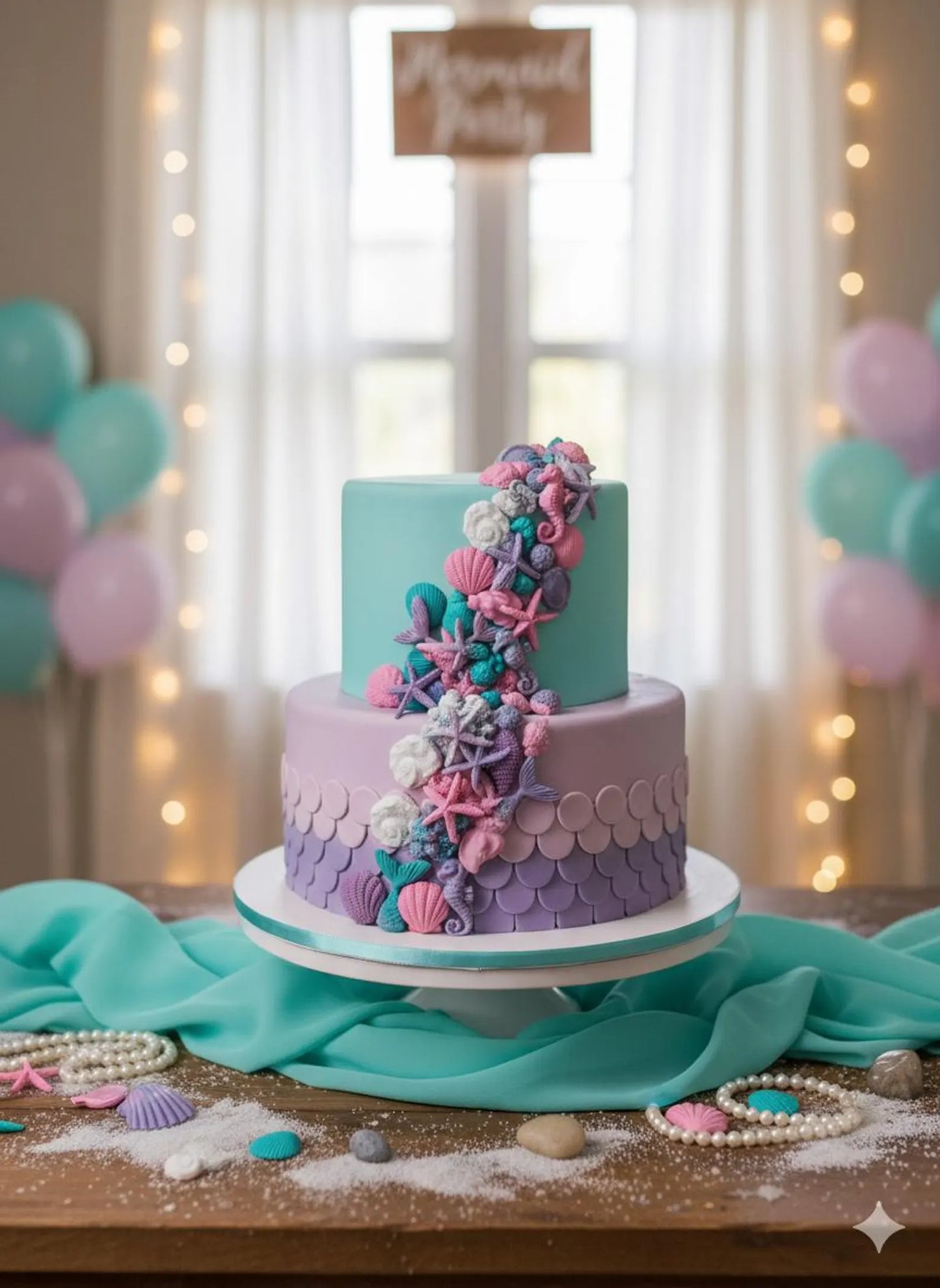 Two-tiered cake with under the sea decorations on a stand, surrounded by balloons and beach-themed decor.