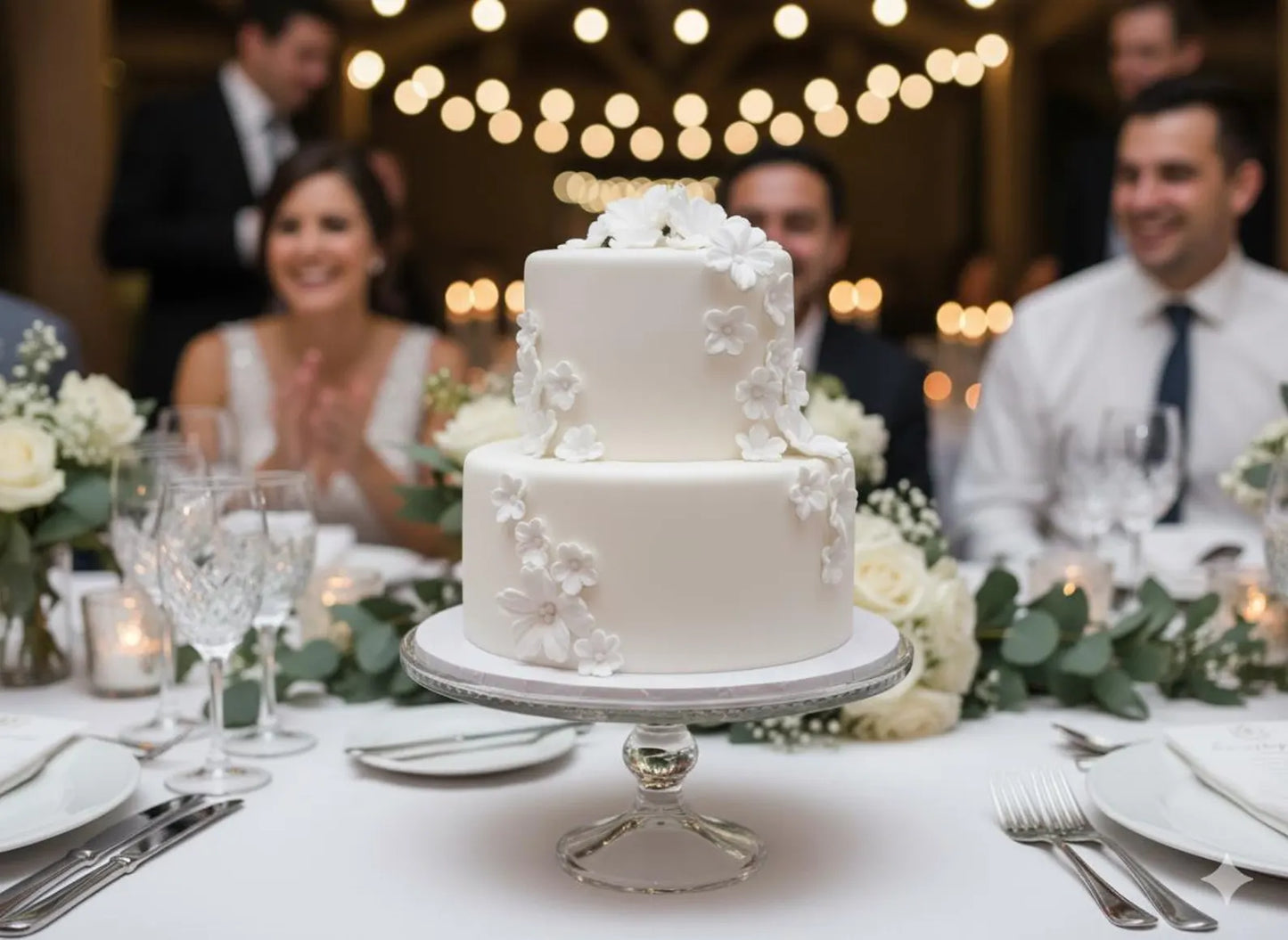 Elegant white wedding cake decorated with handmade white edible fondant flowers
White wedding cake with edible fondant flower decorations on a reception table
Two-tier white cake with delicate edible fondant flowers for wedding celebration