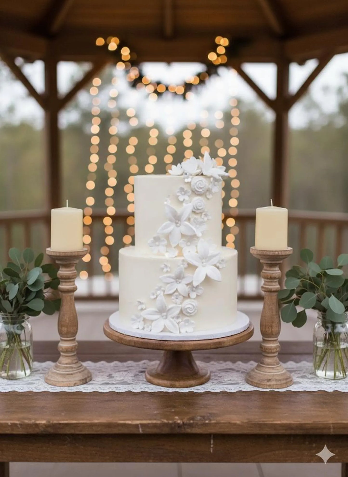 Three-tiered wedding cake with white flowers on a wooden table with candles and greenery, blurred lights in the background.