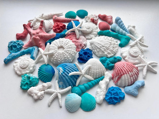 45 Edible Fondant Sea Life Cake Decorations – Shells, Starfish & Coral (Handmade)