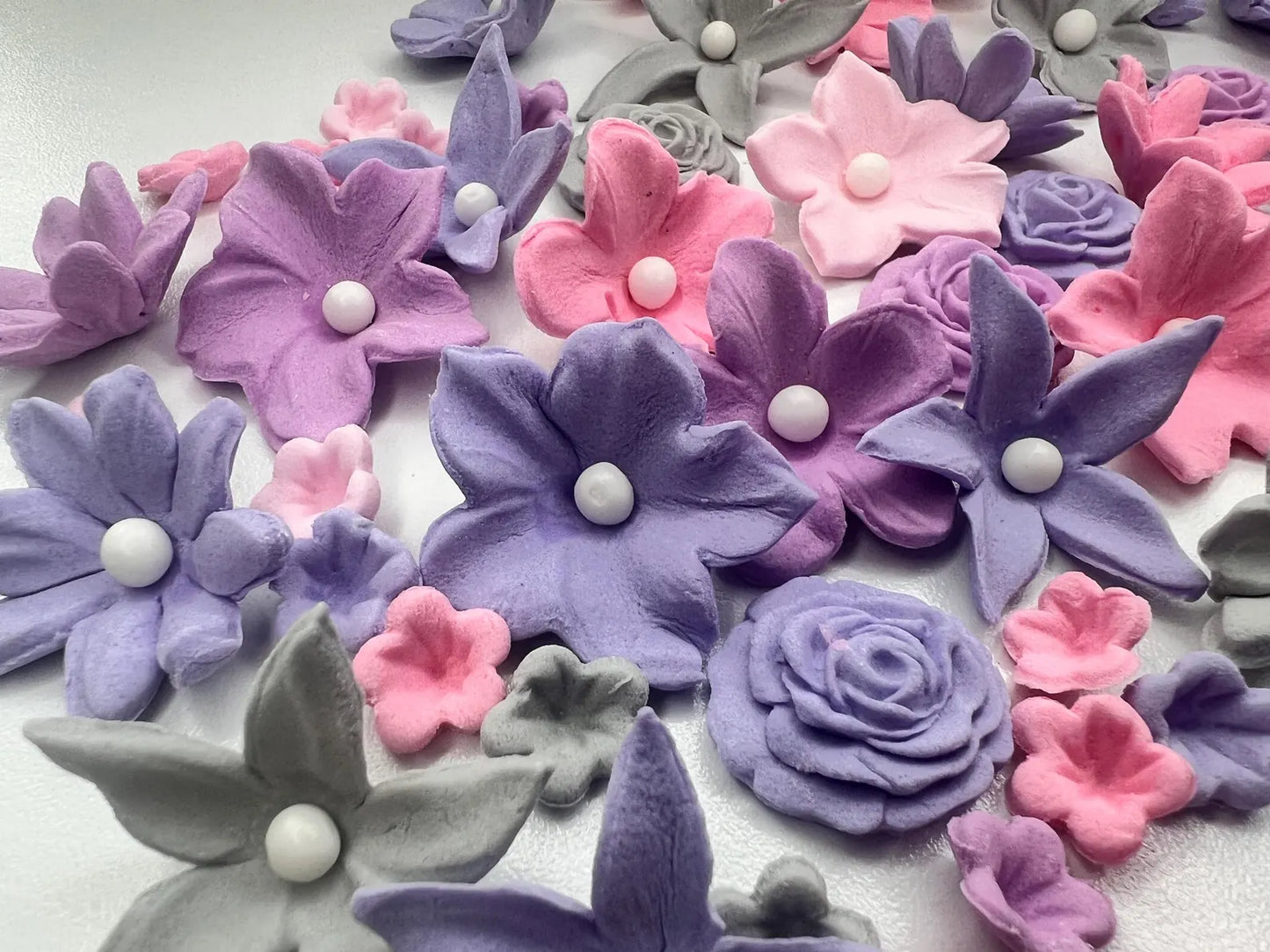 Soft pink purple grey fondant flowers for cake decorating