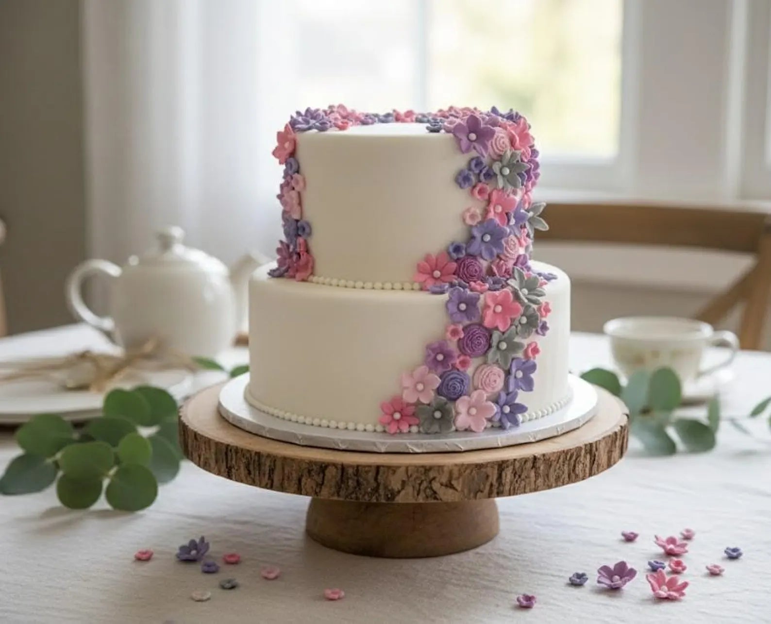 Cake decorated with pastel fondant flower decorations