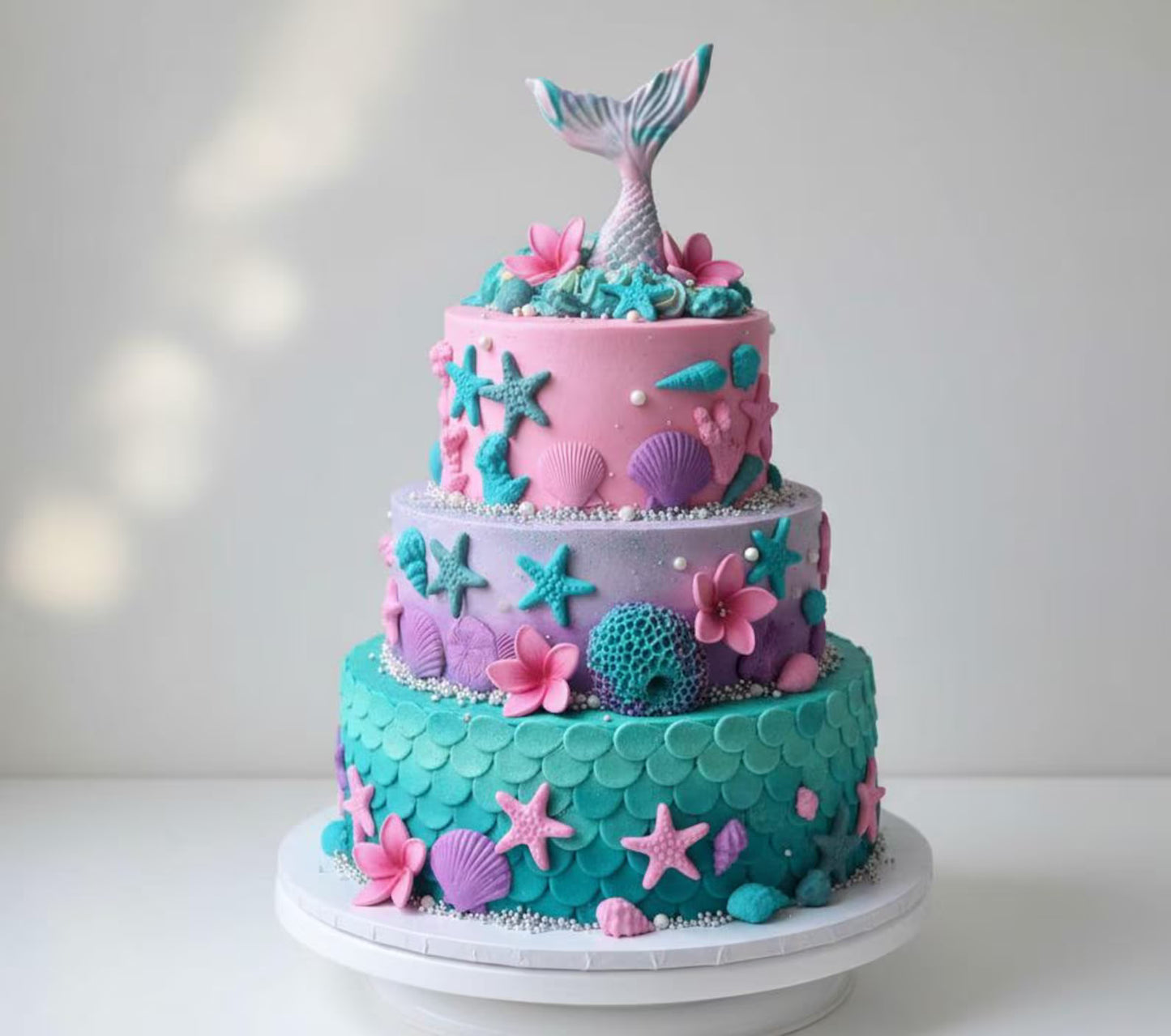 Three-tiered mermaid-themed cake with pink, purple, and teal colors on a white background.