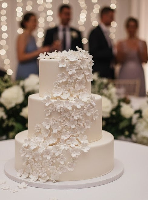 White fondant flower decorations used on an elegant celebration cake