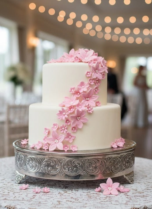 Two-tiered wedding cake with pink flowers on a decorative stand.