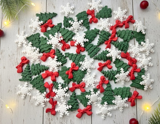 80 Edible Christmas Fondant Decorations – Trees, Snowflakes & Bows (Handmade)